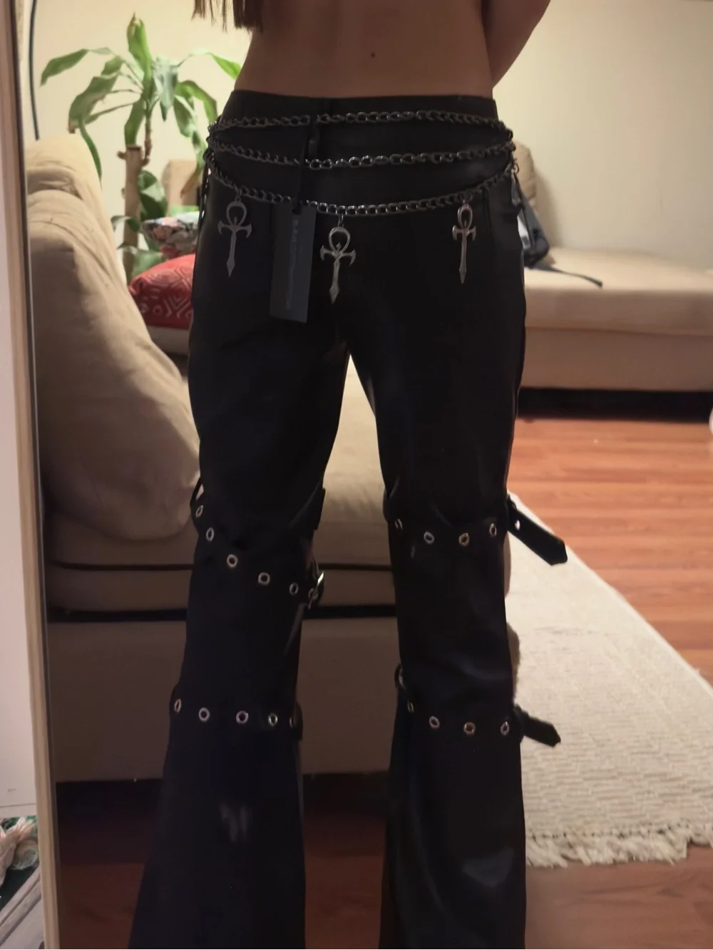 Dolls kill Darker Wavs Black Layered Chain Waist Belt with Cross Charms